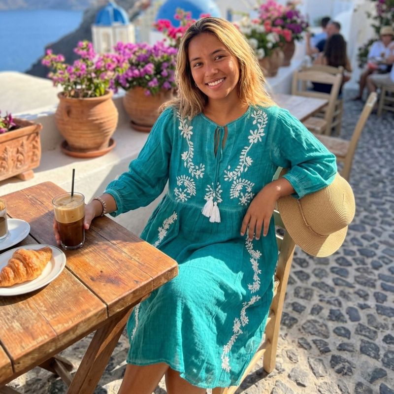 Nomad Sari On the Med Collection - Dress - Turquoise with Embroidery & Tassel (L-XL)