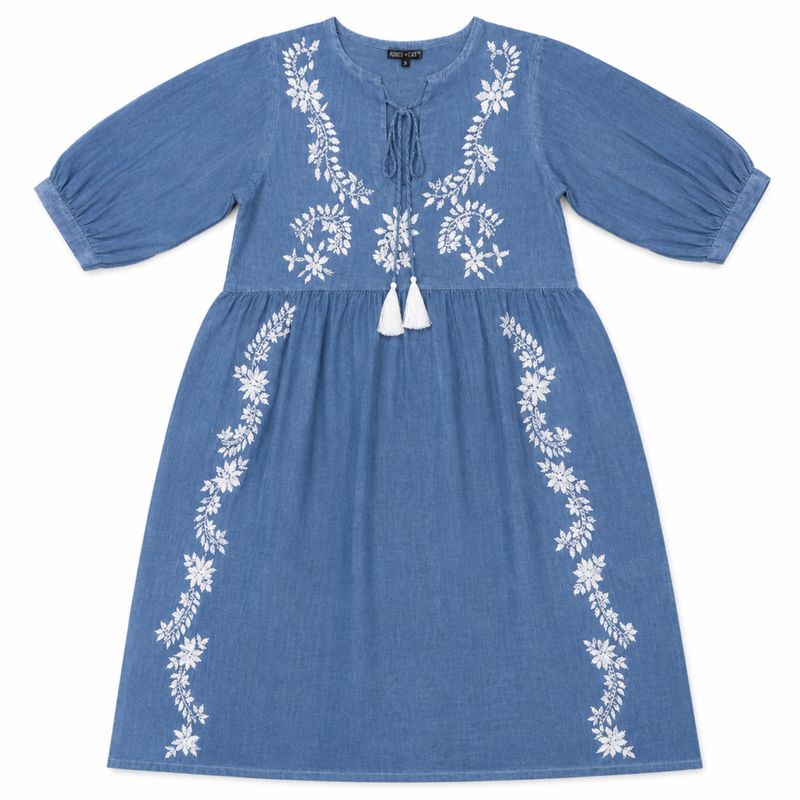 Nomad Sari On the Med Collection - Dress - Dusky Blue with Embroidery & Tassels (L-XL)