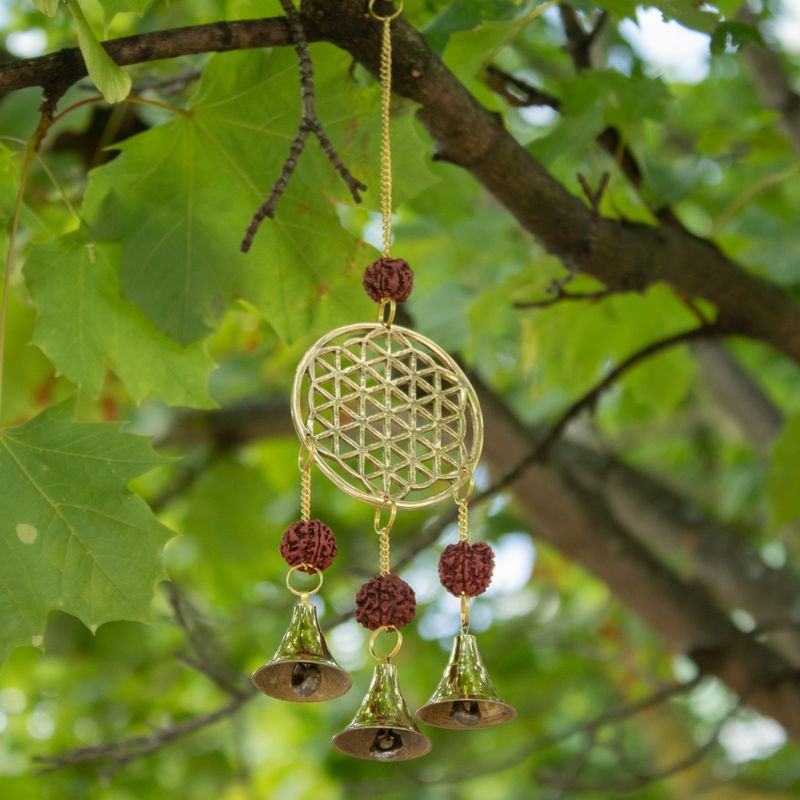 Indian Chimes - Brass Flower of Life with Rudraksha Beads - 3 Bells - 6x27cm
