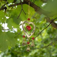 Indian Chimes - Brass With Ruby Glass Heart Beads - 3 Bells - 6.5x24cm