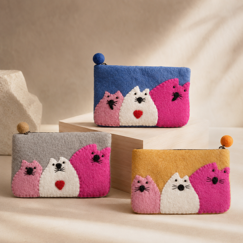 Three Fat Cats Felt Purse- (3 assorted colours)