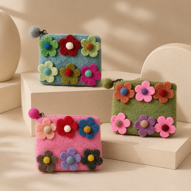 Six Flower Felt Zipper Pouch (3 asst)