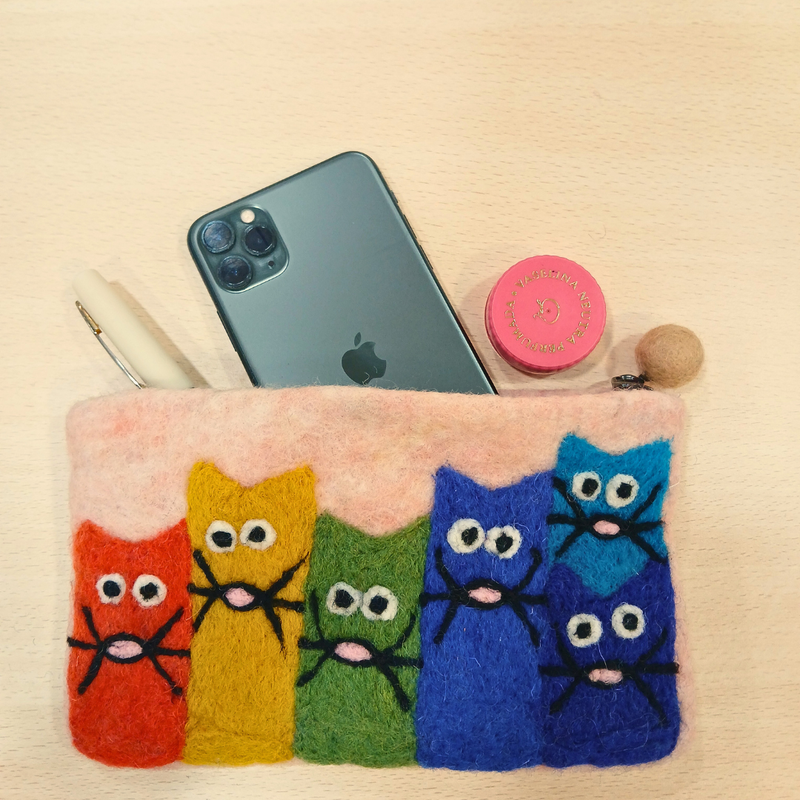 Curious Cat Group Felt Purse- (3 assorted colours)