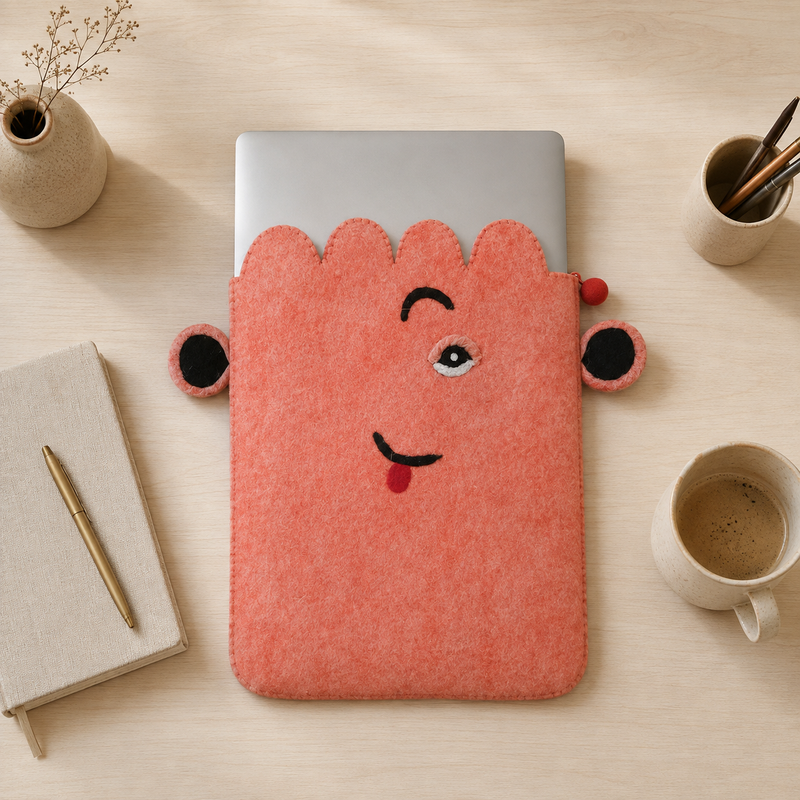 Felt Laptop Pouch (upto 14") - Pink Cute Face