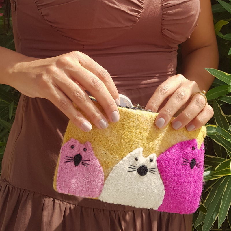 Three Fat Cats Felt Purse- (3 assorted colours)