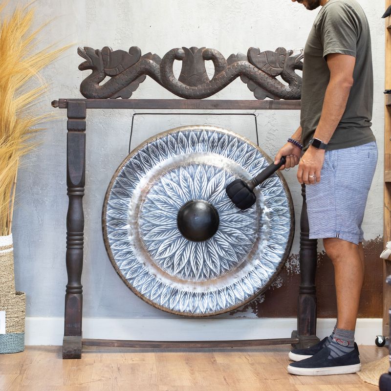 Large Gong in Brown Antique Stand - 80cm - Black - pattern