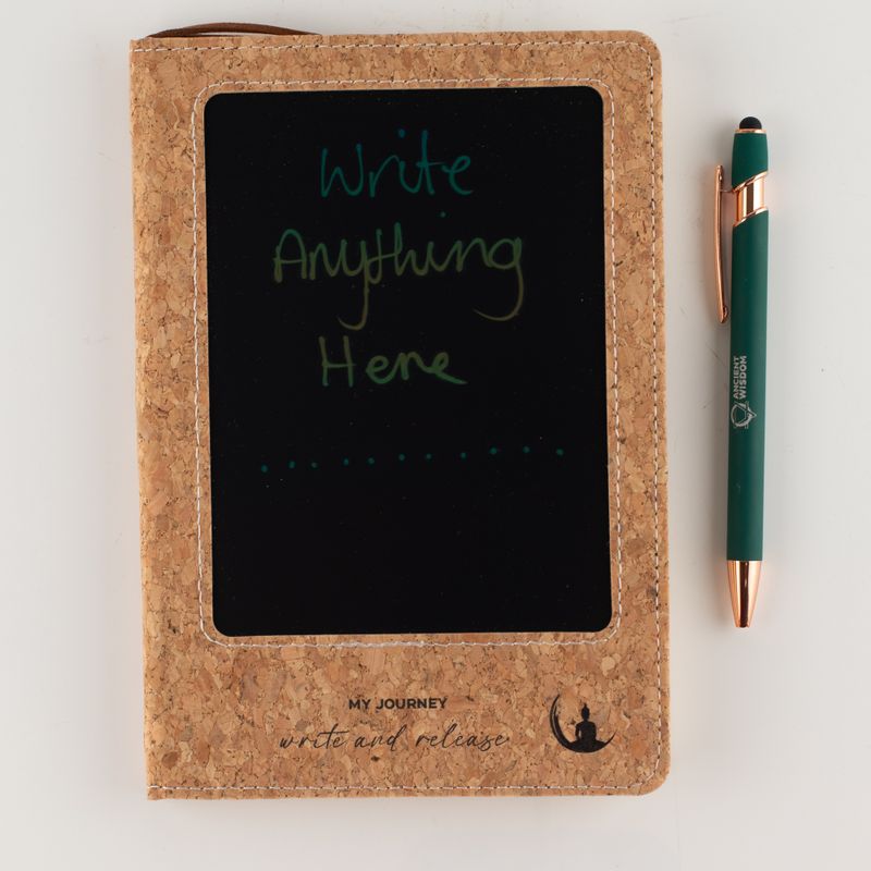 Intention Note Book - LCD Wipe Screen - Cork Leather Effect - Brass Leaf - 80 Leafs