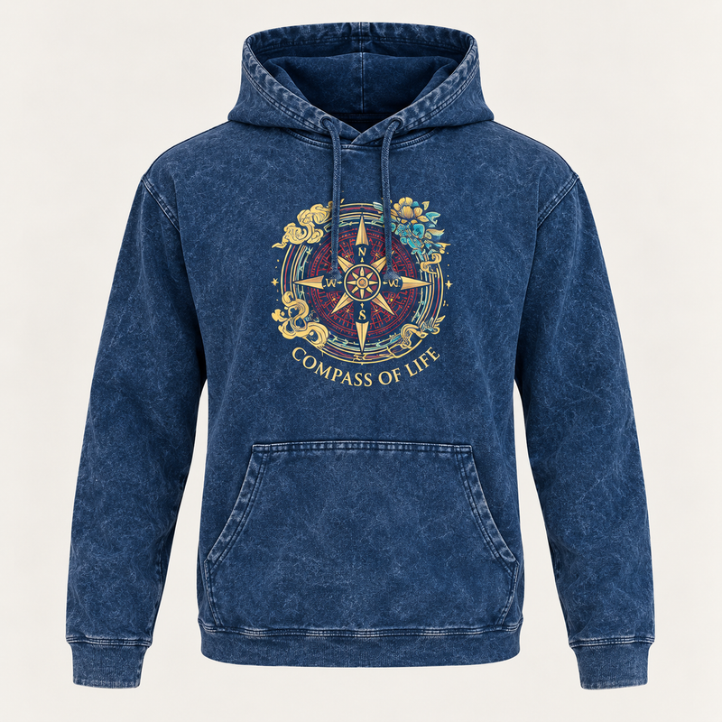 Small Stone Washed Hoody Shirt Kangaroo Pocket - Blue Compass of Life