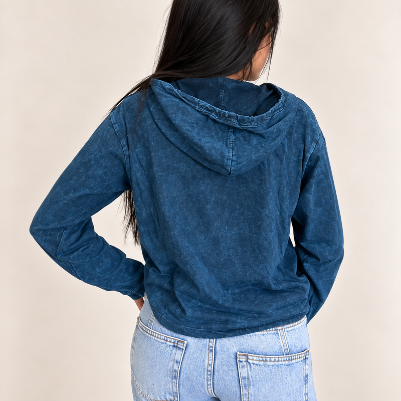 Med Stone Washed Hoody Shirt Kangaroo Pocket - Blue Compass of Life