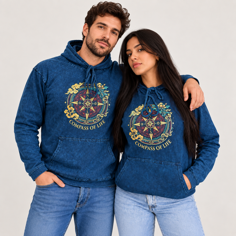 Med Stone Washed Hoody Shirt Kangaroo Pocket - Blue Compass of Life