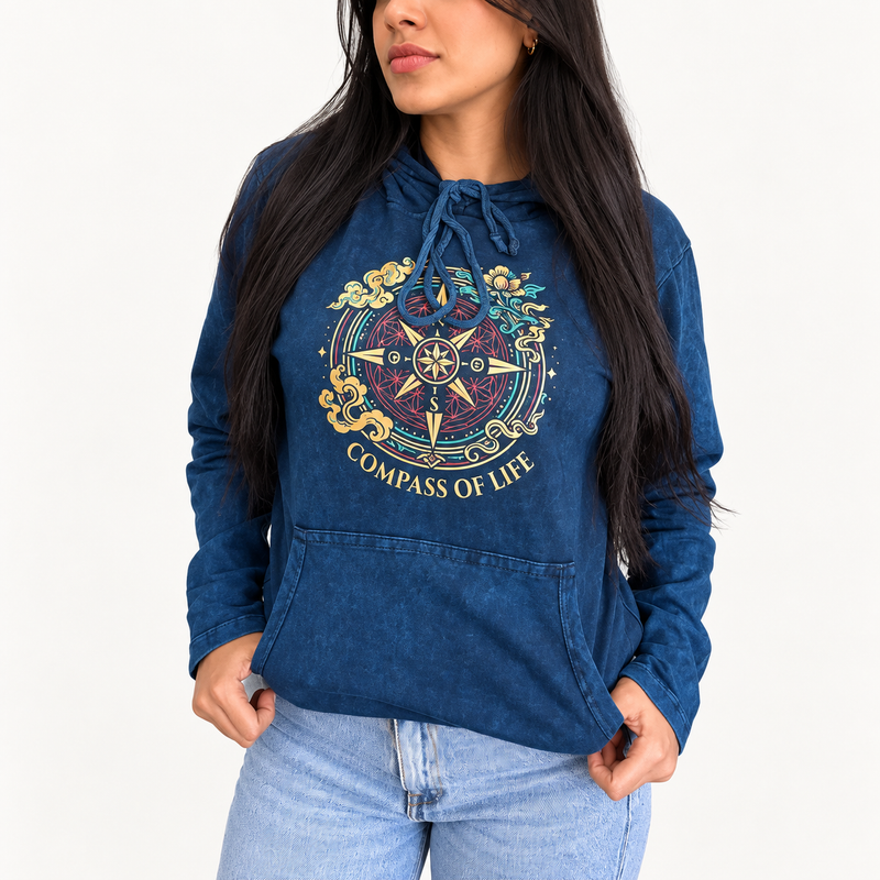 Med Stone Washed Hoody Shirt Kangaroo Pocket - Blue Compass of Life