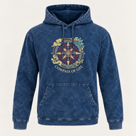 Large Stone Washed Hoody Shirt Kangaroo Pocket - Blue Compass of Life