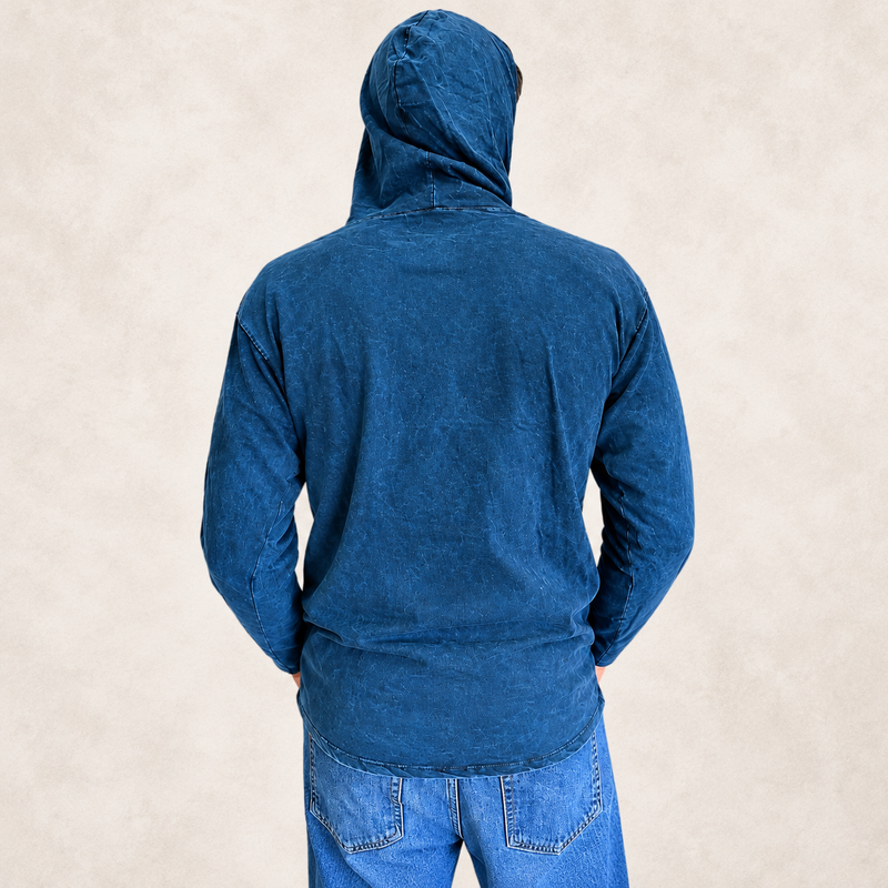 XLarge Stone Washed Hoody Shirt Kangaroo Pocket - Blue Compass of Life