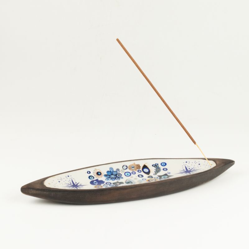 Enamel Incense Bowl - Mango Wood - Evil Eye