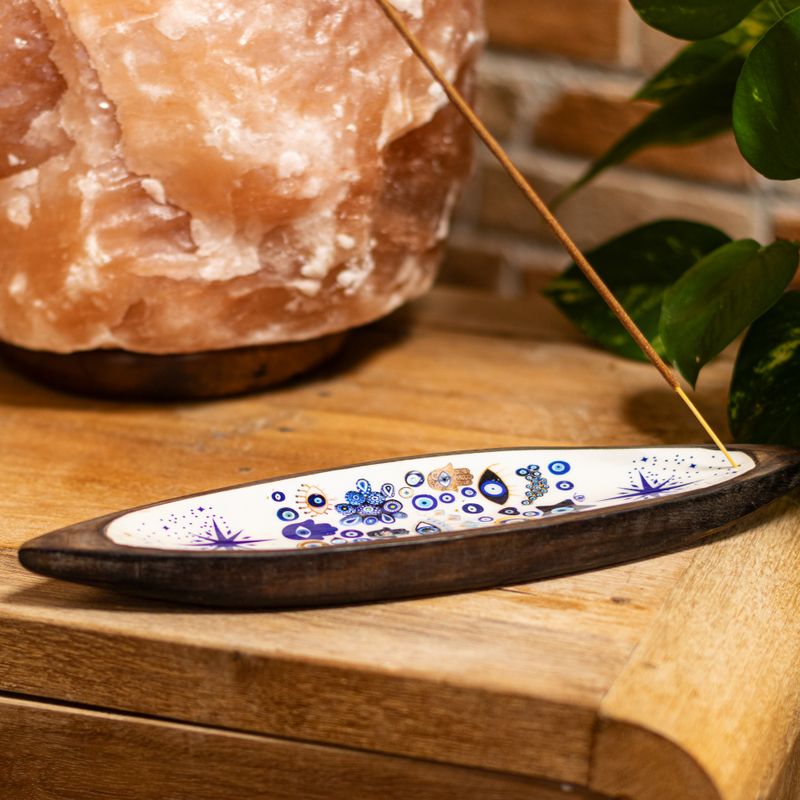 Enamel Incense Bowl - Mango Wood - Evil Eye
