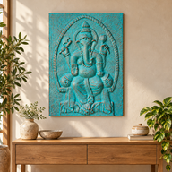 Large Ganpati Frame Turquoise Relief - 0.7x1m