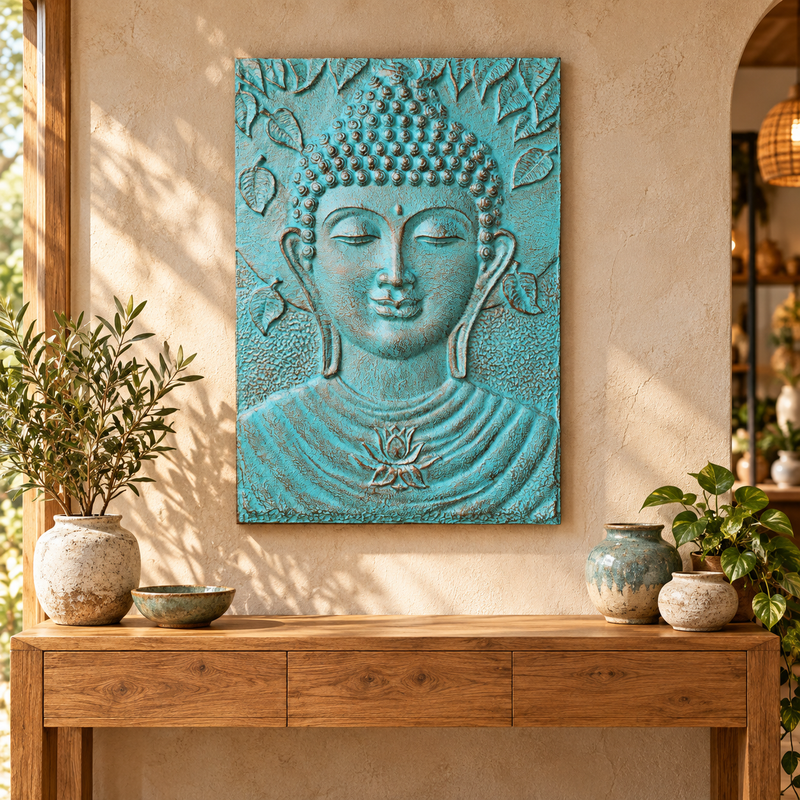 Large Buddha Frame Turquoise Relief - 0.7x1m