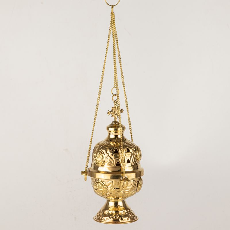 Hanging Brass Incense Burner - Threaded Chain - 16.5x6.5cm (Fine Brass)
