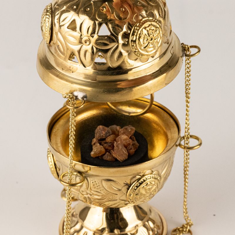 Hanging Brass Incense Burner - Threaded Chain - 16.5x6.5cm (Fine Brass)