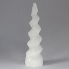 Selenite Spiral Unicorn Horn Tower - 15 cm