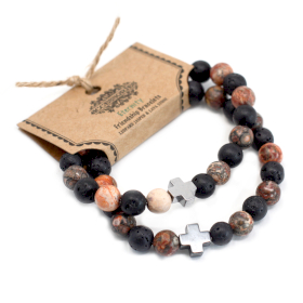 Set of 2 Gemstones Friendship Bracelets - Eternity - Leopard Skin Jasper & Lava Stone
