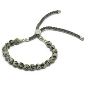 925 Silver Plated Gemstone Charcoal String Bracelet - Dalmation Jasper