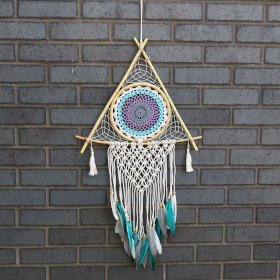 Protection Dream Cather - Lrg Macrame Pyramid White/Turquoise