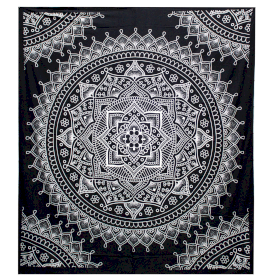 B&W Double Cotton Bedspread + Wall Hanging - Lotus Flower