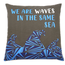 Printed Cotton Cushion Cover - We are Waves - Grey
