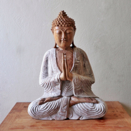 Hand Carved Buddha Statue - 40cm Welcome - Whitewash