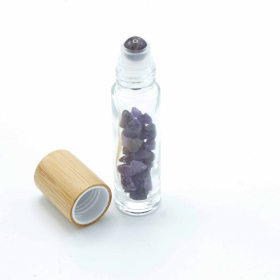 Gemstone Essential Oil Roller Bottle - Amethyst  - Wooden Cap + Gemstone Roller Tip for 5ml Bottle - Amethyst