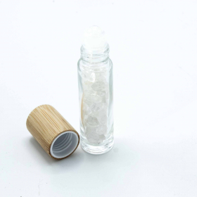 Gemstone Essential Oil Roller Bottle - Rock Quartz  - Wooden Cap + Gemstone Roller Tip for 5ml Bottle - Rock Quartz