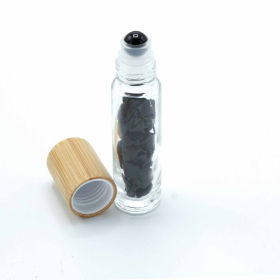 Gemstone Essential Oil Roller Bottle - Black Tourmaline  - Wooden Cap + Gemstone Roller Tip for 5ml Bottle - Black Tourmaline