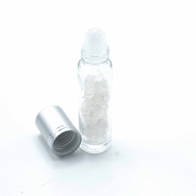 Gemstone Essential Oil Roller Bottle - Rock Quartz  - Silver Cap + Gemstone Roller Tip for 5ml Bottle - Rock Quartz