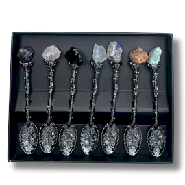 Set of 7 Dark Silver Gemstone Crystal Witch Spoons